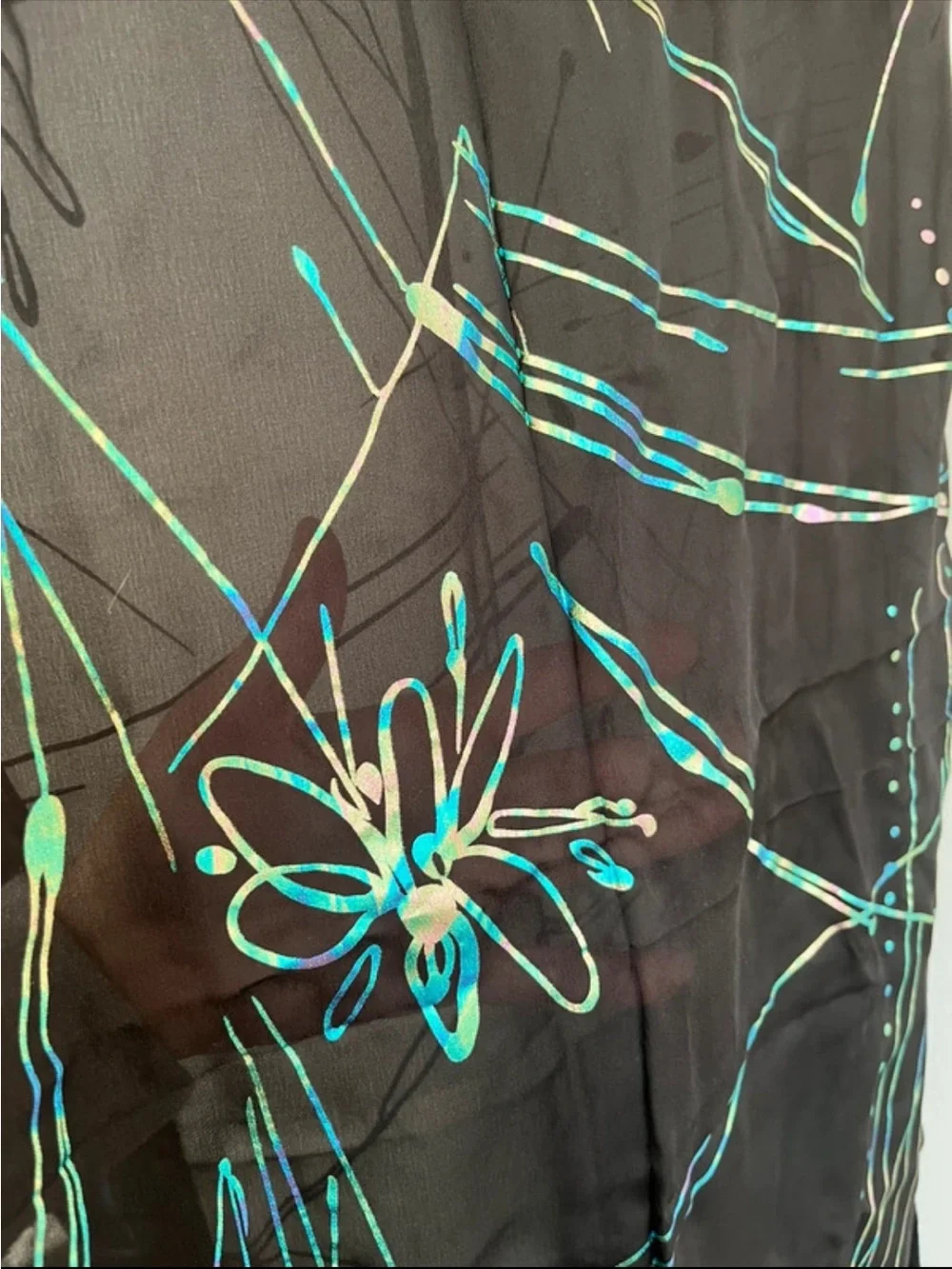 Black Floral Sheer Scarf with Teal & Lilac Accents